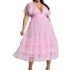 Lace And Bead Pink Midi Flutter Sleeve Tuelle Plunge Dress  Size 16 NWT